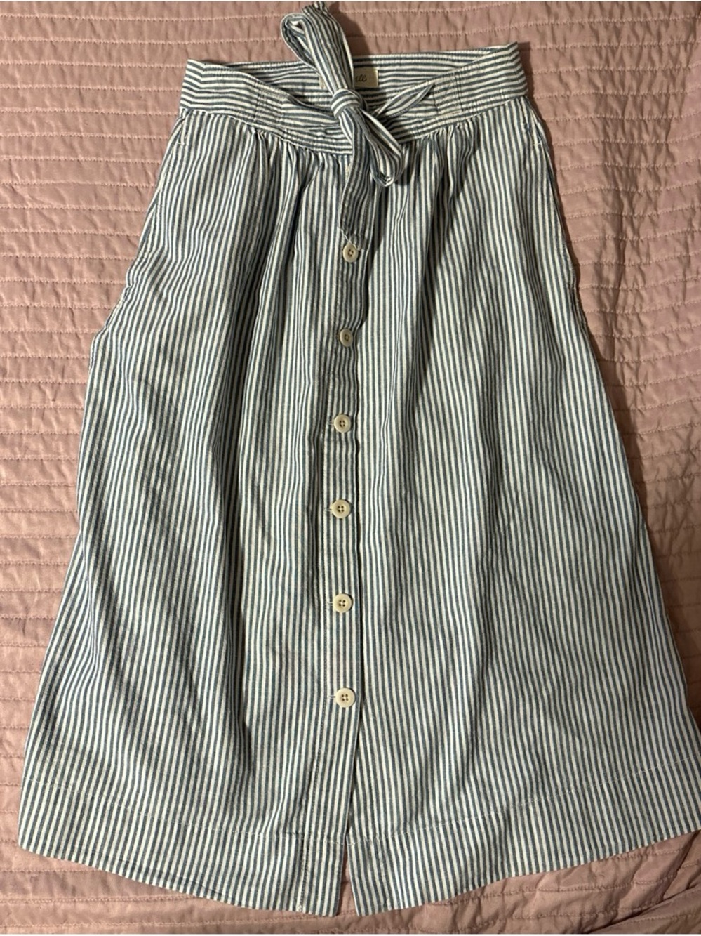 Madewell Navy and White Striped Button-Front Skirt with Waist Tie